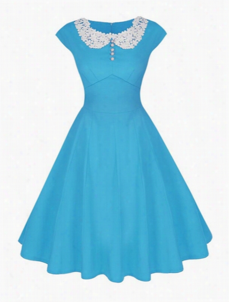 Pleated Lace Ptchwork Designed Doll Collar Skater Dress