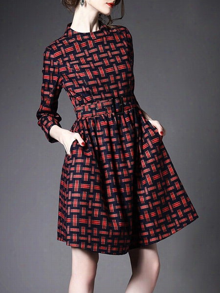 Red Plaid Charming Band Collar Skater Dress