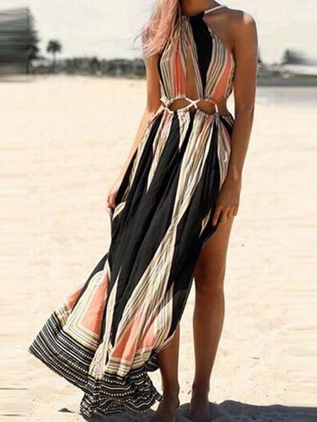 Sexy Sleeveless Colored Backless Hollow Out Crew Neck Maxi Dress