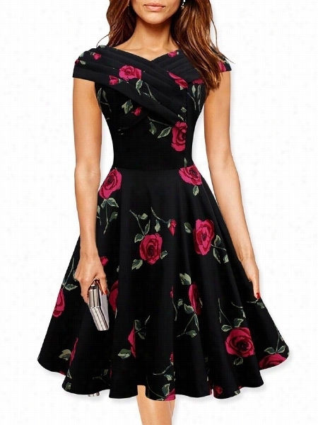 Slash Neck Floral Printed Skater-dress