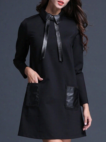 Smal Lapel Embroidery Patcwhork Plain Shift-dress