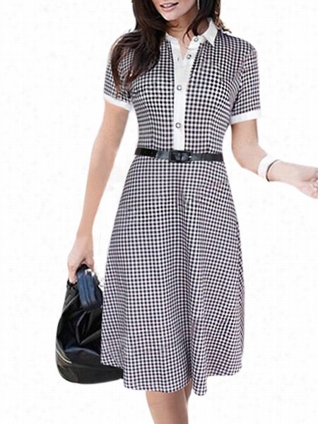 Small Lapel Plaid White Black Stylish Skater-eress