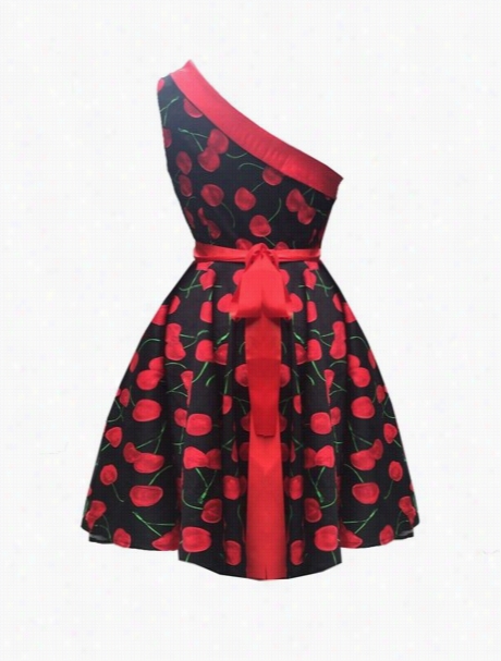 Sparkling One Shou Lder Kot Cherry Printed Skater Dress