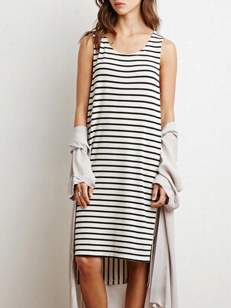 Striped Asymmetrical Hems Charming Shift Dress