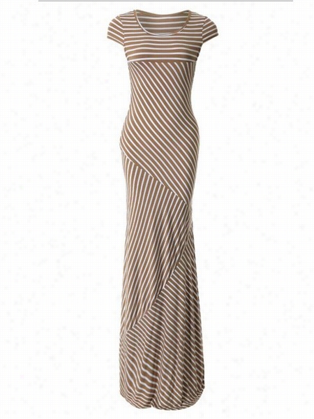 Striped Comfortable Khaki Rouund Neck Maxi Dress