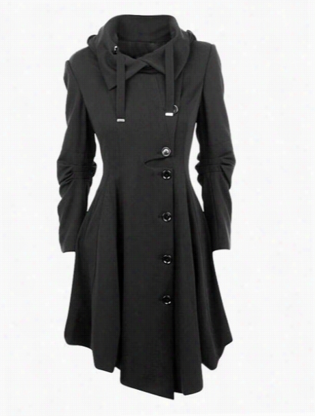 Stuning Diagonal Button Pleatd Asymmetrical Hems Overcoats