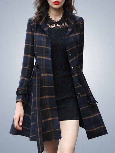 Stunning Witth Pockets Decorative Buttins Plaid Overcoats