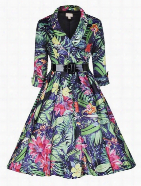 Stylish Lappel Floral Printed Skater-dress