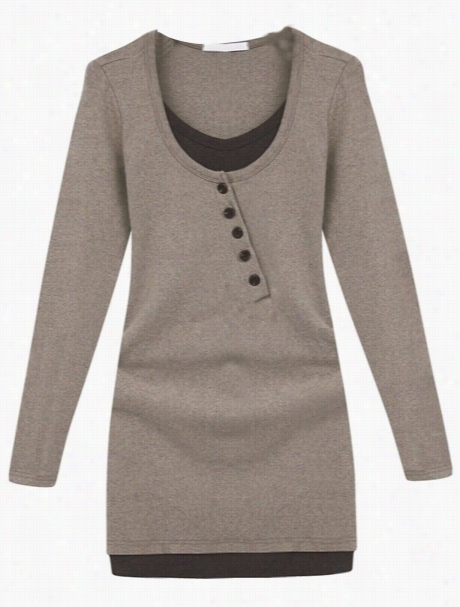 Stylish Round Enck Diagonal Button Assorted Colors Knitted-dress