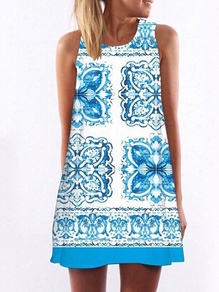 Trendy Printed Remarkahle O-neck  Shift Dress