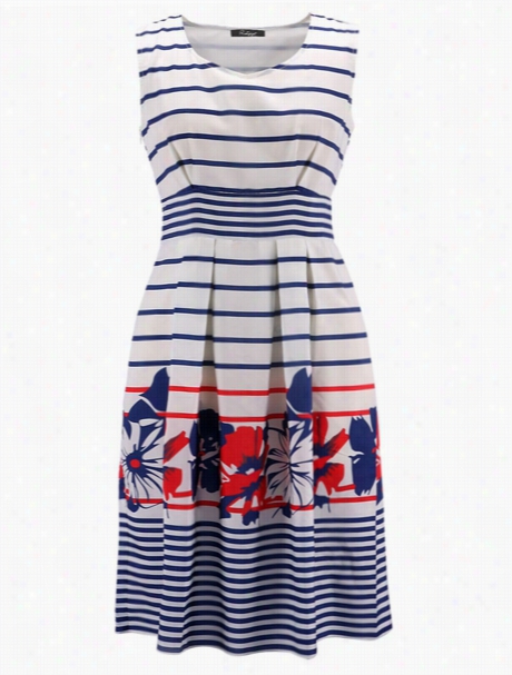 Vintage &appealing Floral Printed& Striped Skater-dress