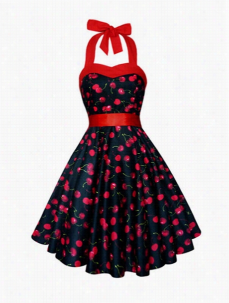 Vintage Lace Up Cherry Printed Bowknot Designed Halter Skater Dress