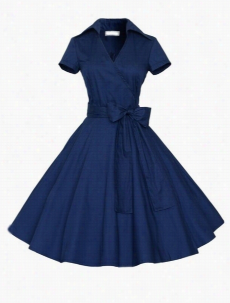 Vintage Lapel Bowknot Plain Skater-dress