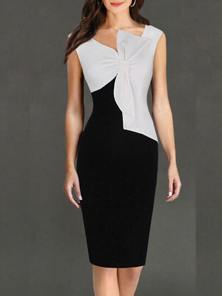 White-black Color Block  Knot Sparkling Bodycon Dress