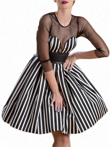 White-black Ensnare Patchwork Striped Skater Dress