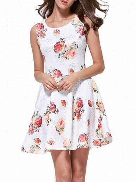 White Floral Printed Absoorbing Round Neck Skater Dress