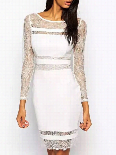 White Hollow Out Lace Patchwork Delicate Round Neck Bodycon Dress