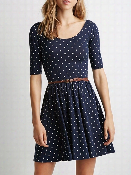 With Belt Polkw Dot Comfortable Skater-dress