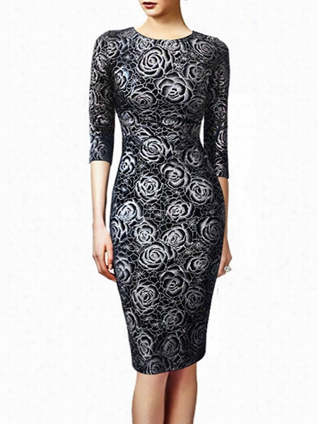 2 Colors Floral Printed Designed A~ Neck Bodyycon Dress