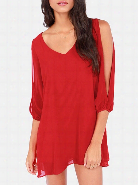 3 Colors Loose Fittingg Stylish V Neck Shidt-dress