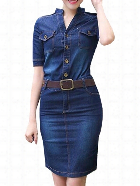 Abosrbing With Button Band Collar With Belt Bodycon-dress