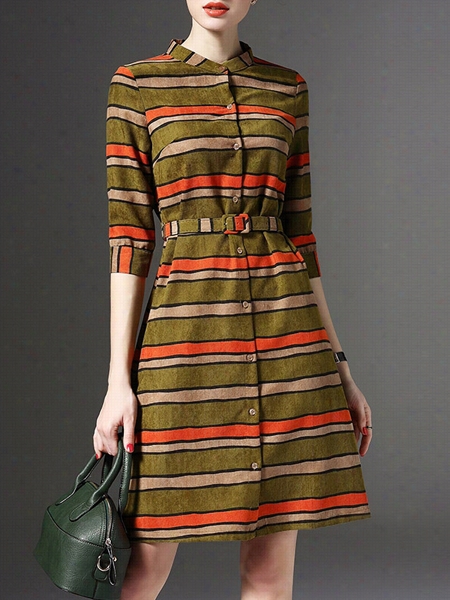 Assorted Colors Striped Fascinating  Ban Collar Skatr Dress