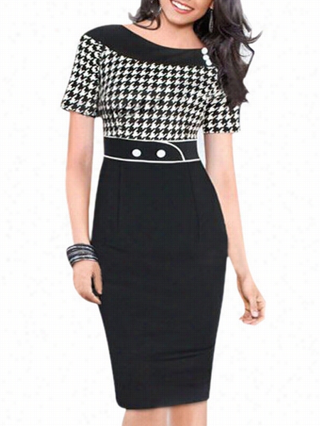 Attractive Hooundstooth With Zips Patchwork Bodycon-dress