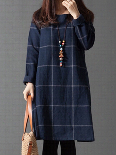 Attractive Rounx Neck With Pockets Plaid Shiftt-dress