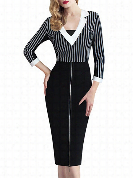 Attractive Striped Gracefulv  Neck Bodycon-dress