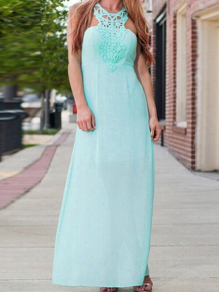 Backless Lace Pacthwork  Plain Crew Neck Maxi Dress