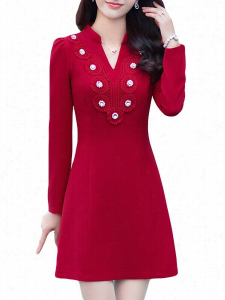 Beading Solid Charming V Neck Skater Dress