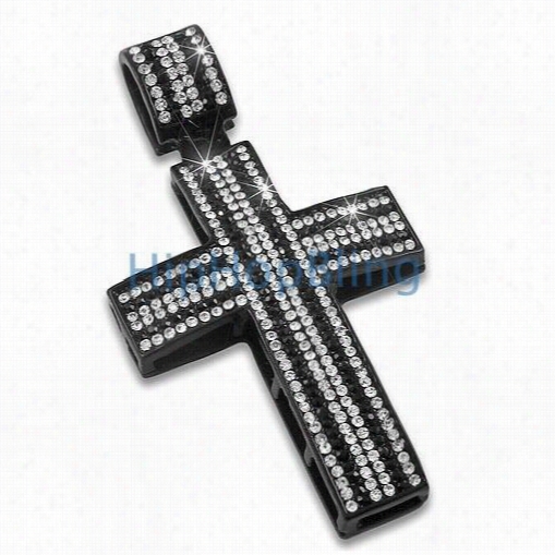 Black & White Striped Down Iced Out  Cross Pendant