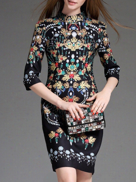 Dismal Floral Printed Chic Band Collar Bodycon Dress