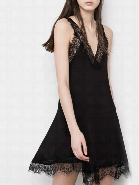 Black Patchwork Sparkling V Neck Shiift Dress