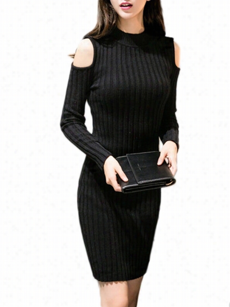 Black Should Er Hollow Out Knitted Dress