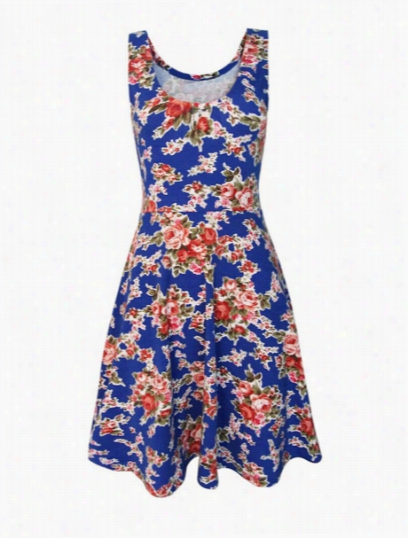 Blue Floral Printed Fascinating Round Neck Skater Dress