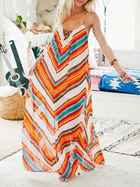 Bohemian Color Block Striped Spaghetti Strap Maxi Dress