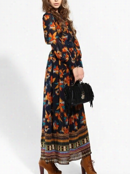 Bohemian Florral Printed Absorbing With Belt Maxi Dress