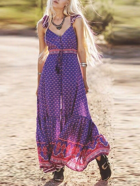 Bohemian  Printed Backless V Neck Maxi Dress