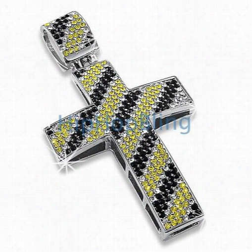 Canary Black & Whiet Diagonal Striped Bling Bling Cross