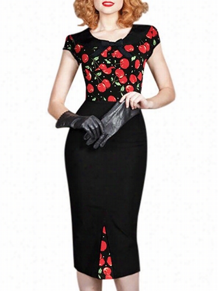 Cherry Prinetd Bowknot Trendy Doll Collar  Bodycon Dress