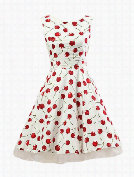 Cherry Printed Charmingcrew Neck Skater Dress