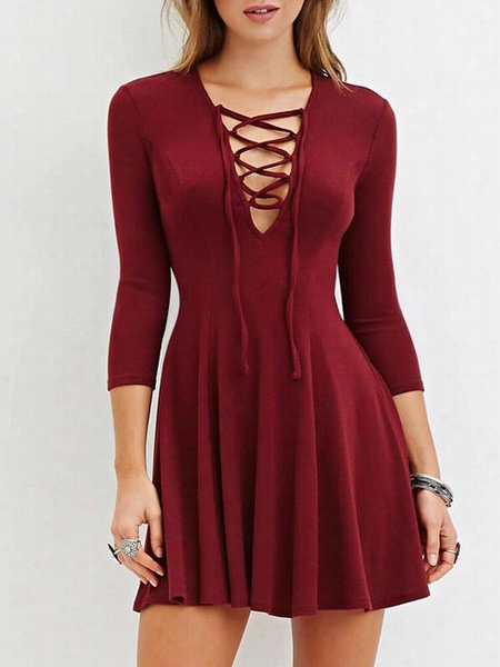 Claret-red Lace Up Pplain V Neck Skater Dress