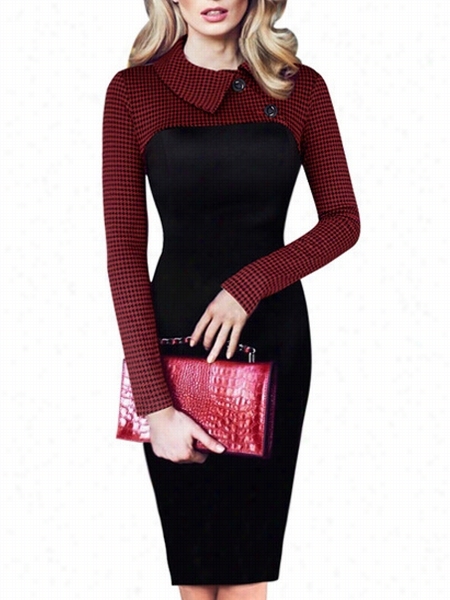 Classical Small Lapel With Zips Color Block Huondstooth Bodycon-dress