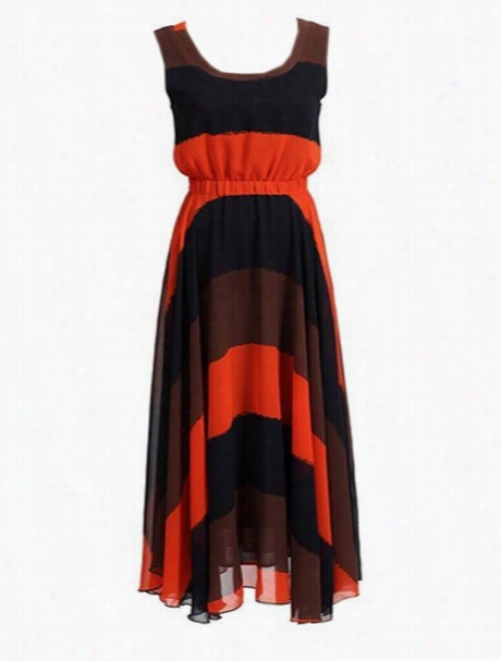 Color Block Asymmetrical Hems Elegant Round Neck Maxi Dress