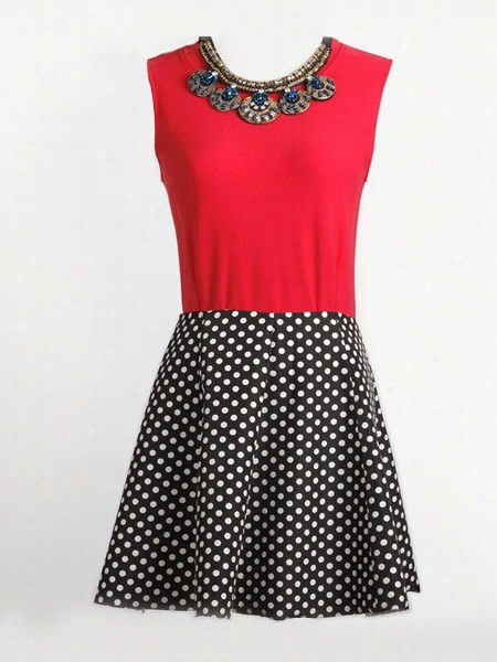 Color Block Dot O-neck Modern Skater Dress