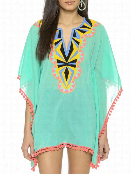 Color Block Embroidery Falbala V Neck Blouses