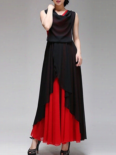 Color Block Falbala  Cowl Neck Maxi Dress