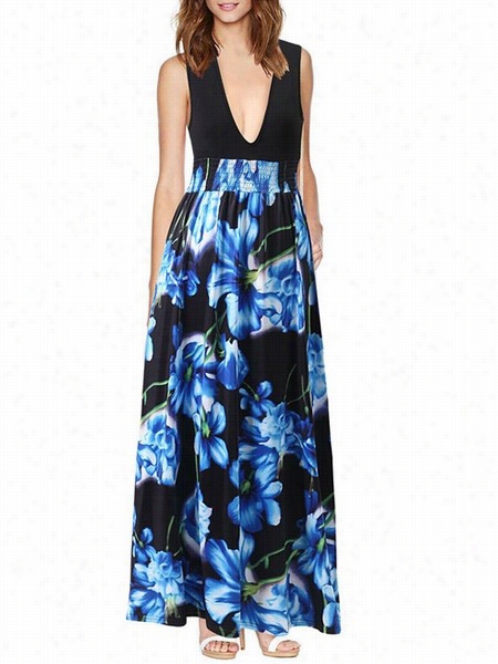 Color Block Floral Patchwork Printed  V Neck Maxi Prepare