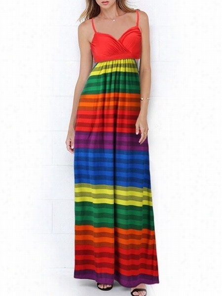 Color Block Hollow Out Strriped Spaghetti Strap Maxi Dress